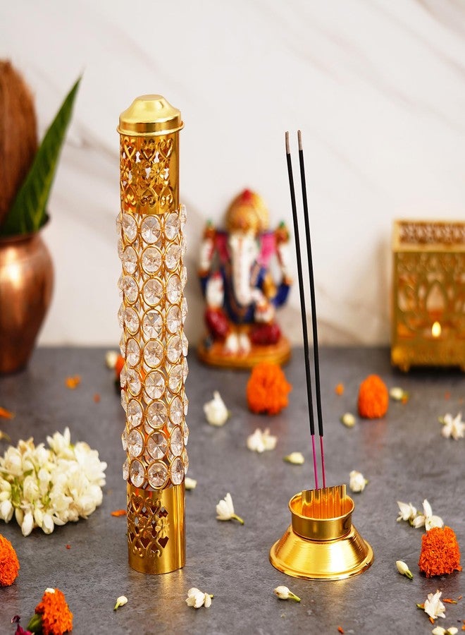 Webelkart Traditional Brass Crystal Incense Holder| Agarbatti Stand with Ash Catcher Incense Holder Stick Holder for Pooja, Decor Burner for Home Office Decoration (11.5" Inches) - Image 1
